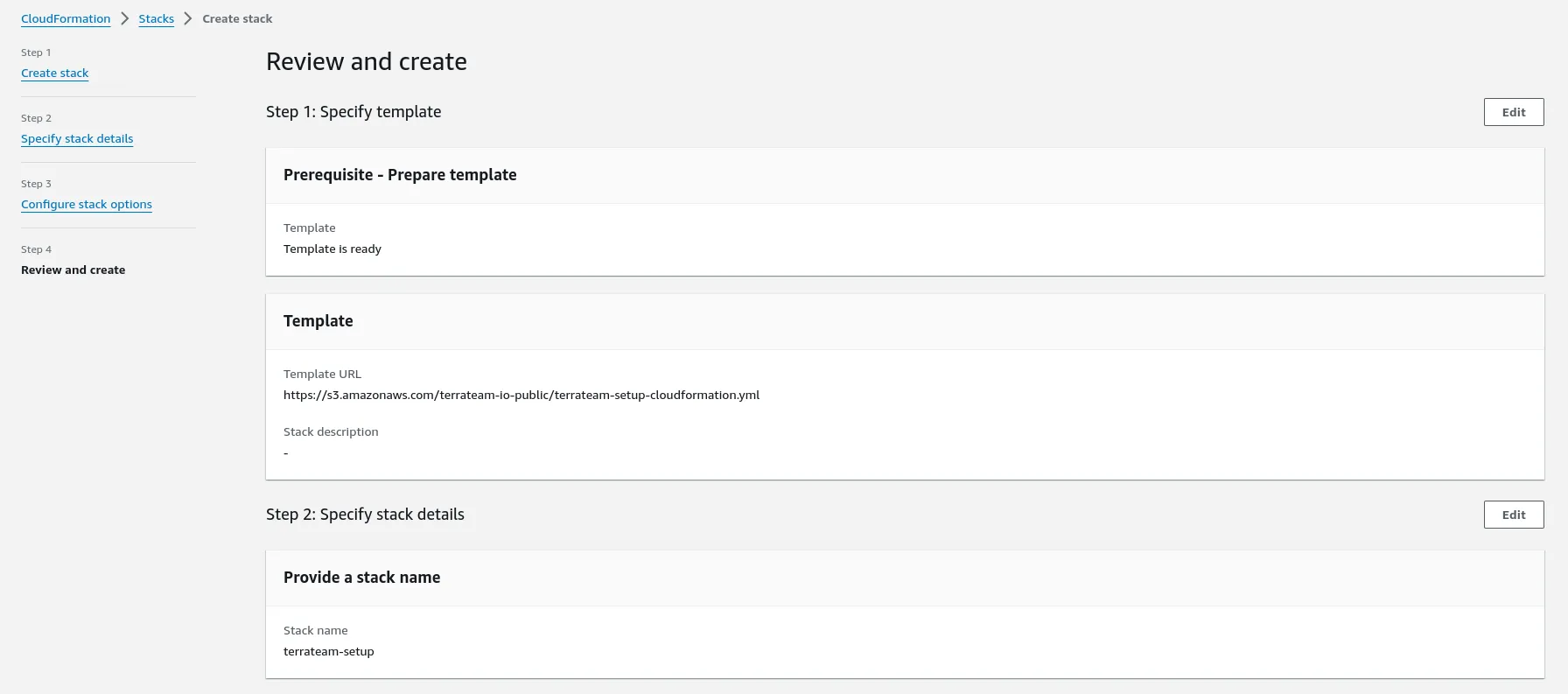 Terrateam Setup CloudFormation Review and Create
