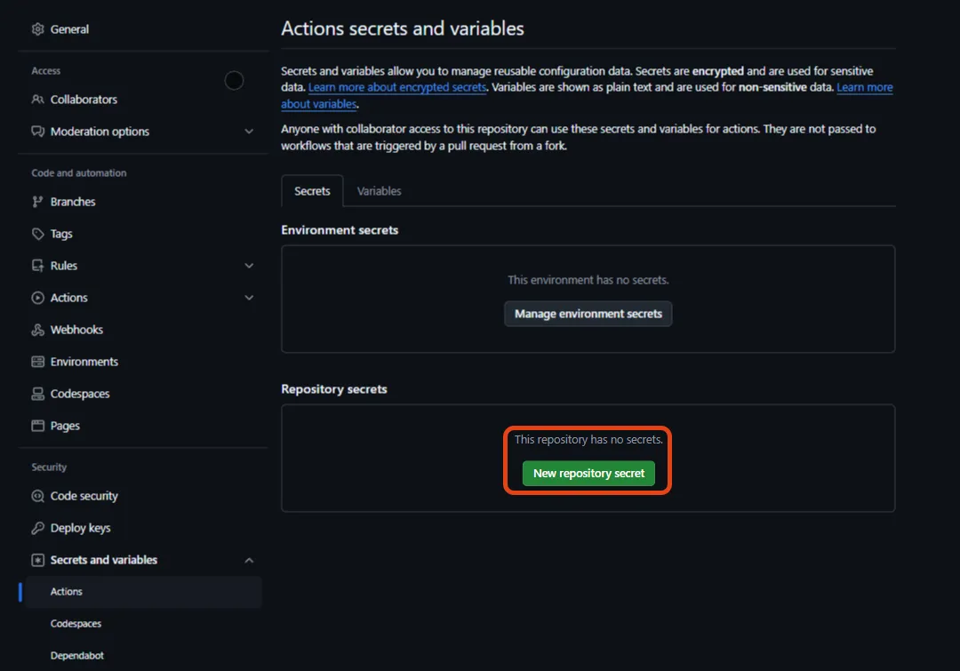 Step 3: New repository secret