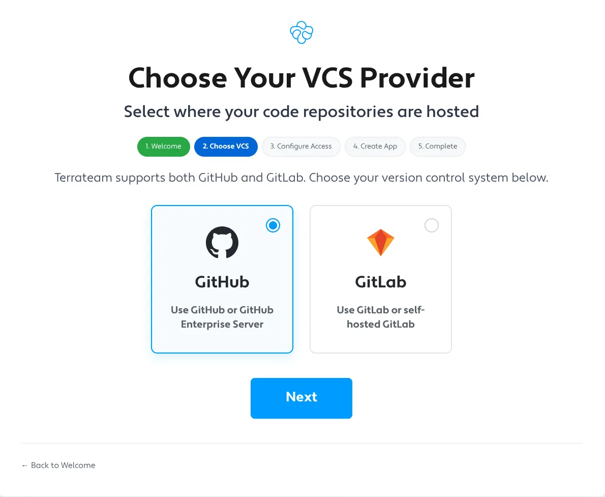 Terrateam Self-Hosted Setup Wizard - Choose VCS Provider